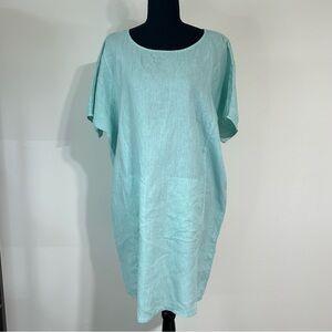 EILEEN FISHER 100%Linen Lagenlook Tunic Dress Short Sleeve Pocket Green Sz.M